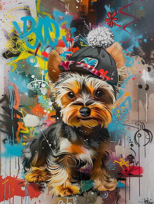 Colorful space Yorkshire Terrier dog with a hat Expressive surreal Poster # F025624