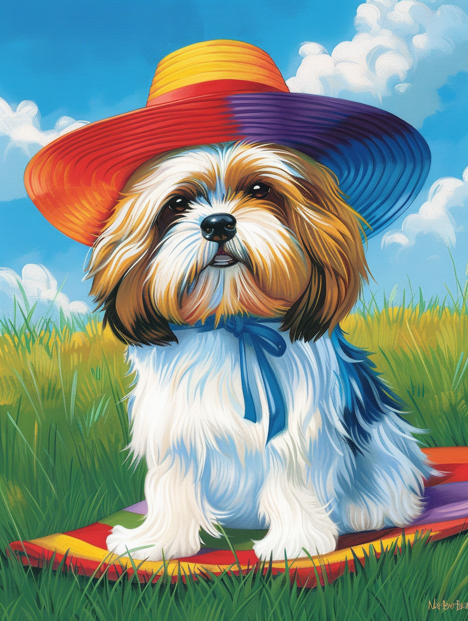 Colorful space Shih Tzu dog with a hat Expressive surreal Poster # F024416