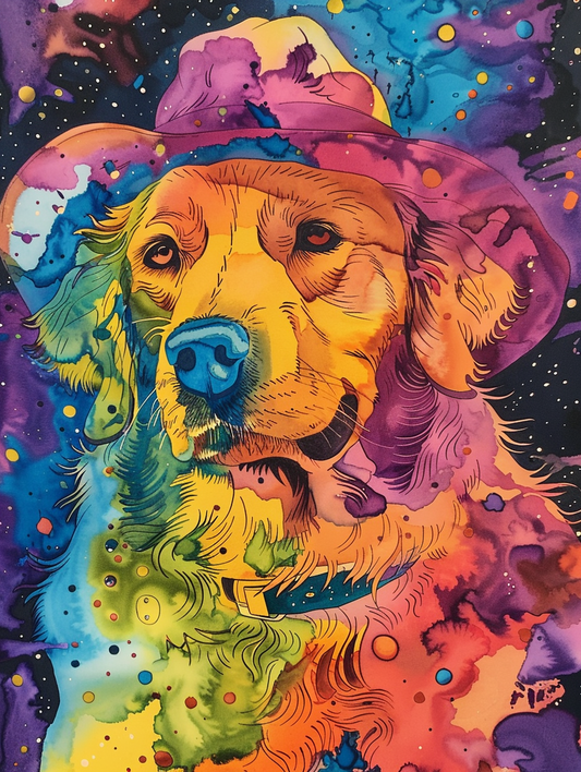 Colorful space Golden Retriever dog with a hat Expressive surreal Poster # F025411
