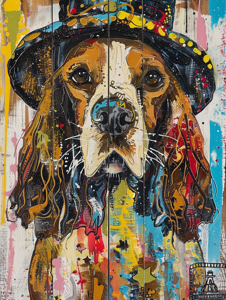 colorful space Cocker Spaniel dog with a hat Expressive surreal Poster # F025472
