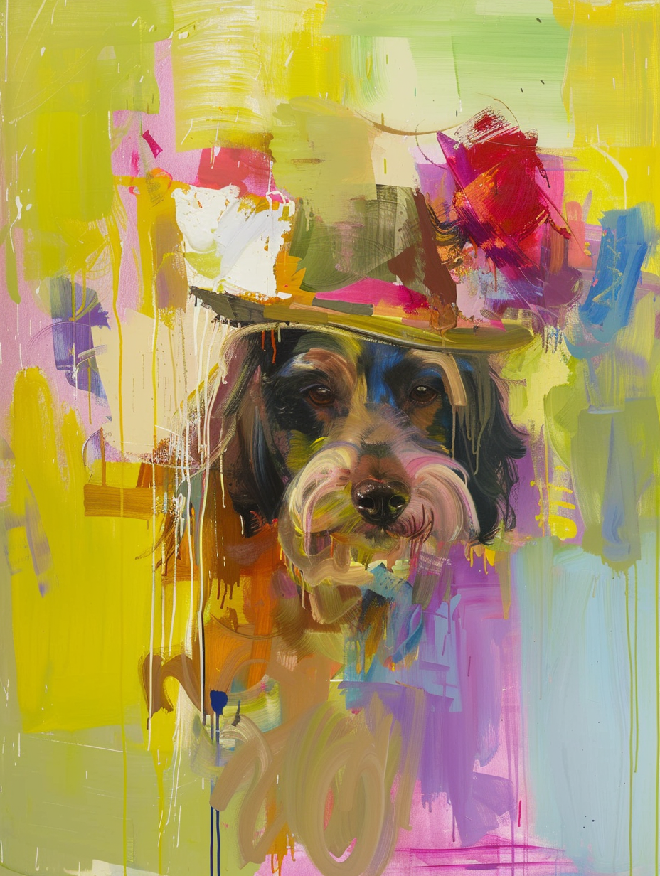 Colorful space Cocker Spaniel dog with a hat Expressive surreal Poster # F024443