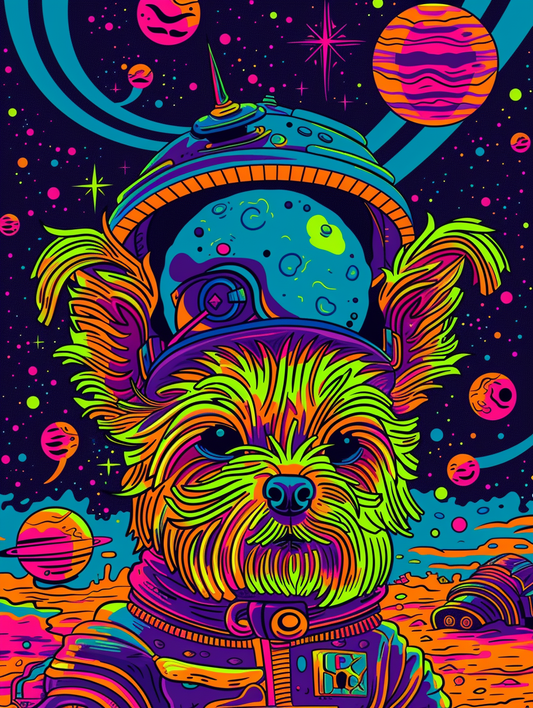 Colorful space Yorkshire Terrier dog with a hat Expressive surreal Poster # F024897