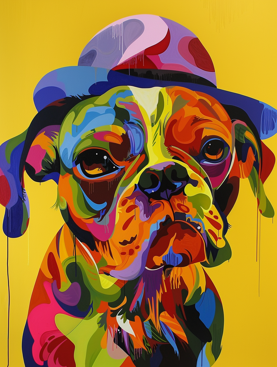 Colorful space Boxer dog with a hat Expressive surreal Poster # F025103
