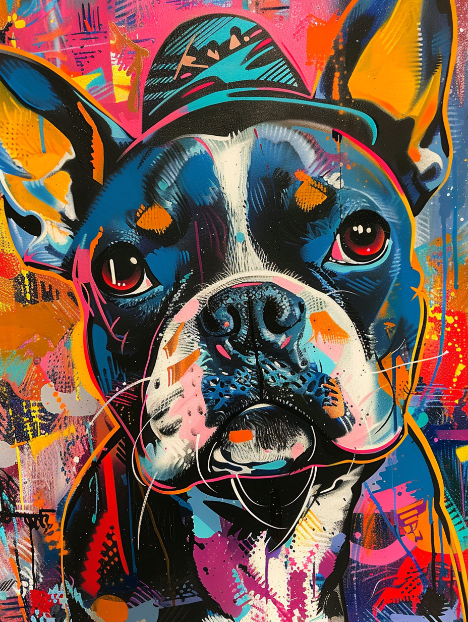 colorful space Boston Terrier dog with a hat Expressive surreal Poster # F025117