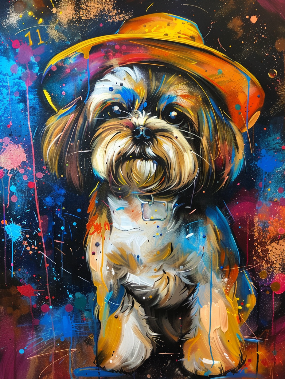 Colorful space Shih Tzu dog with a hat Expressive surreal Poster # F025627