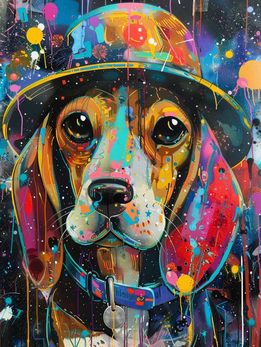 colorful space Beagle dog with a hat Expressive surreal Poster # F025404