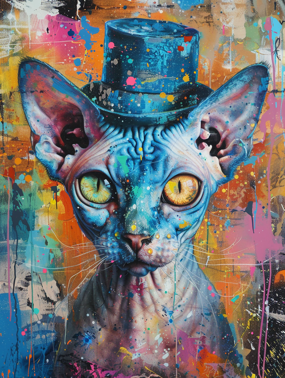 Colorful space Cornish Rex cat with a hat Expressive surreal Poster # F025235
