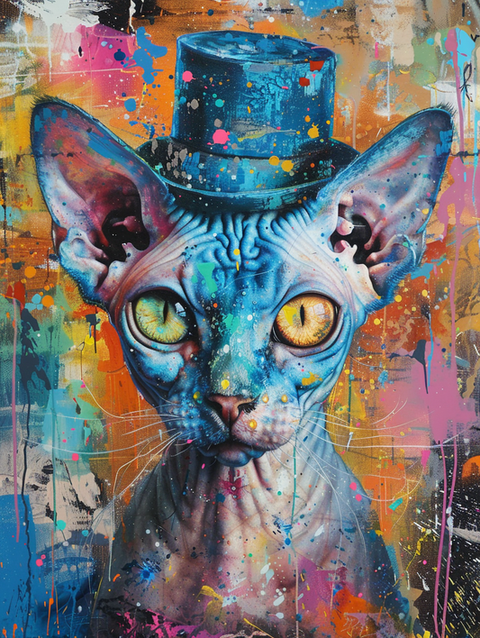 Colorful space Cornish Rex cat with a hat Expressive surreal Poster # F025235
