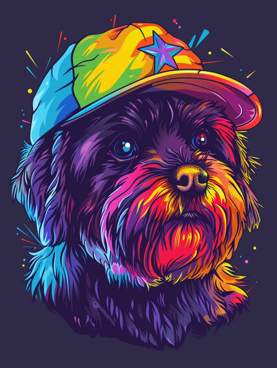 Colorful space Shih Tzu dog with a hat Expressive surreal Poster # F024444
