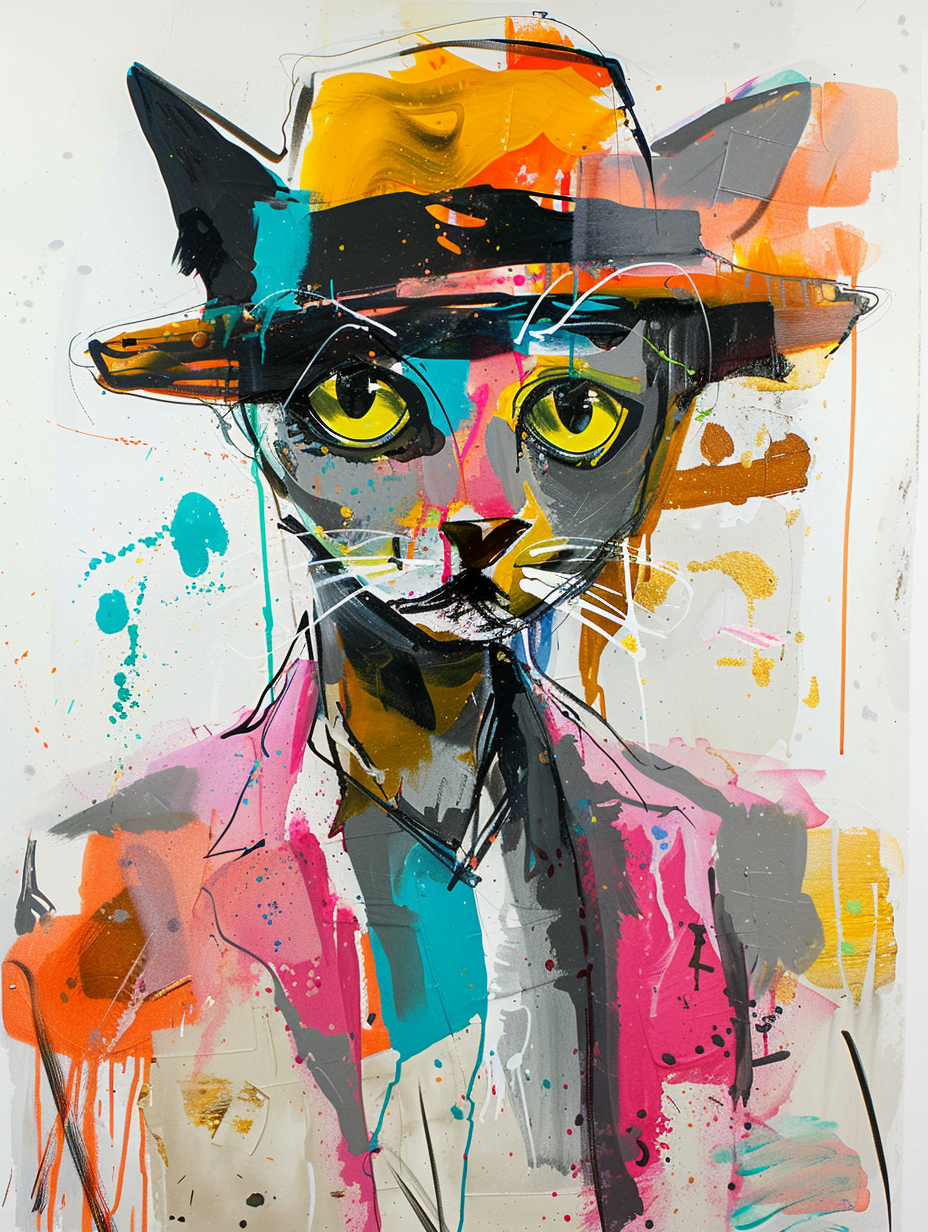 colorful space Burmese cat with a hat Expressive surreal Poster # F025246