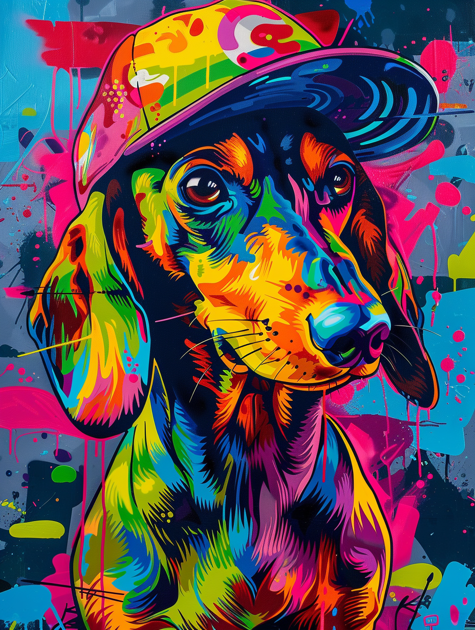 Colorful space Dachshund dog with a hat - Expressive surreal Poster # F025632