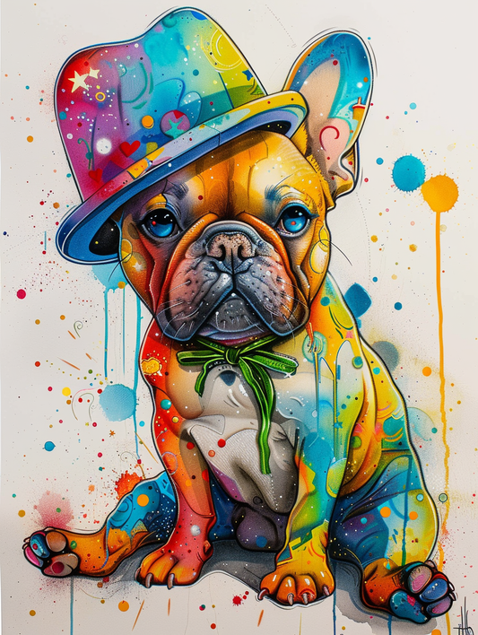 Colorful space French Bulldog dog with a hat Expressive surreal Poster # F025637