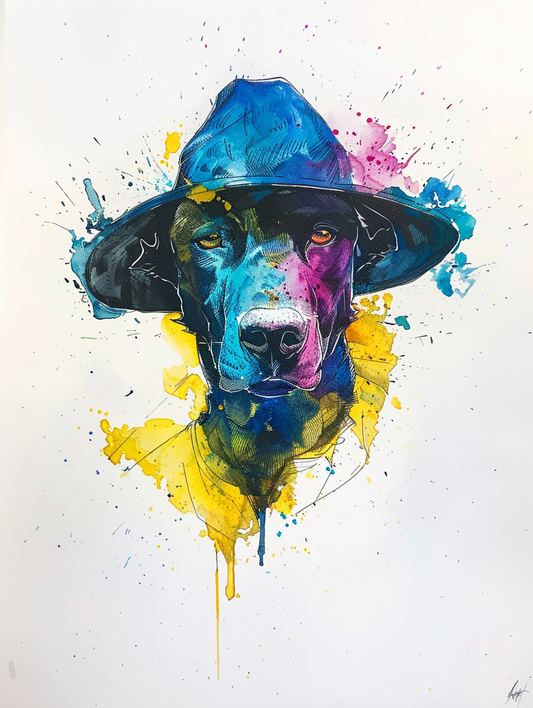 colorful space Labrador Retriever dog with a hat Expressive surreal Poster # F025059