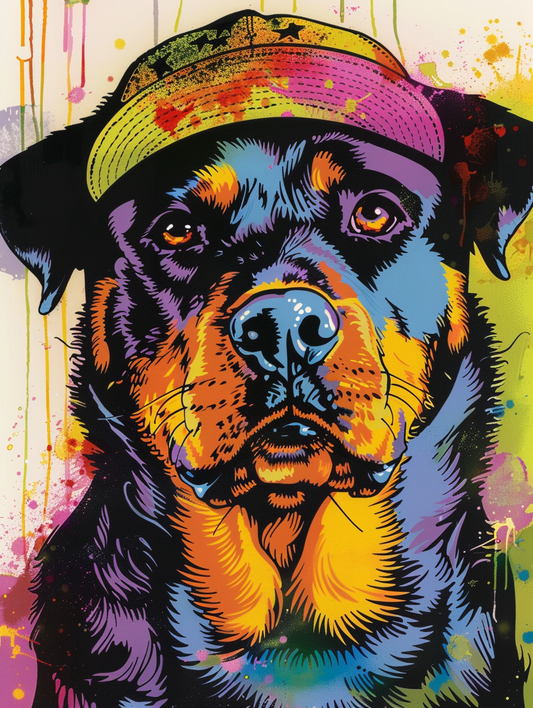 Colorful space Rottweiler dog with a hat Expressive surreal Poster # F024895