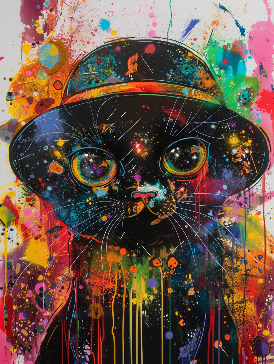 colorful space Scottish Fold cat with a hat Expressive surreal Poster # F024654