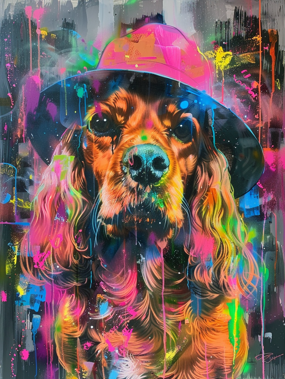 Colorful space Cocker Spaniel dog with a hat Expressive surreal Poster # F024560