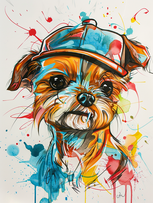 Colorful space Yorkshire Terrier dog with a hat Expressive surreal Poster # F024947