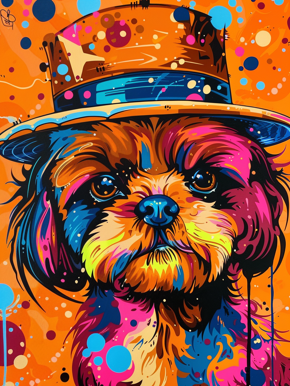Colorful space Shih Tzu dog with a hat Expressive surreal Poster # F024938