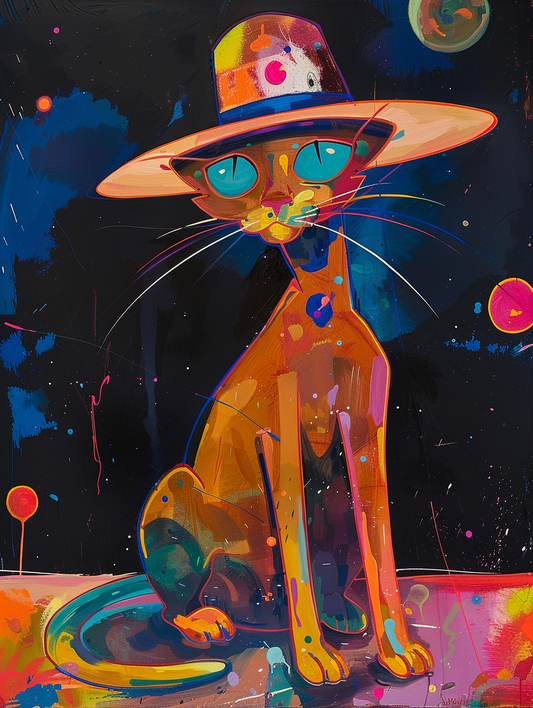 Colorful space Somali cat with a hat Expressive surreal Poster # F024718