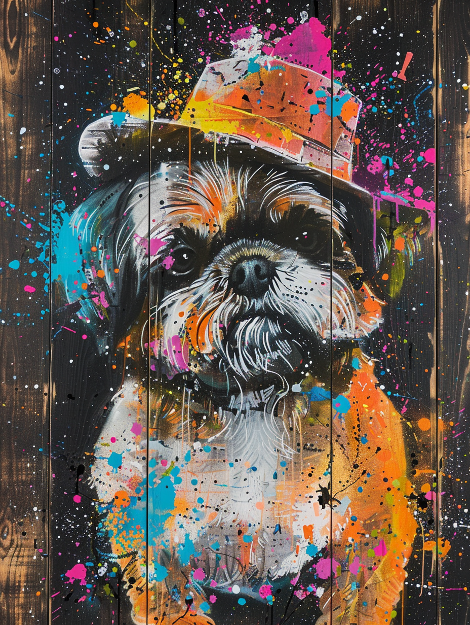 Colorful space Shih Tzu dog with a hat Expressive surreal Poster # F024411