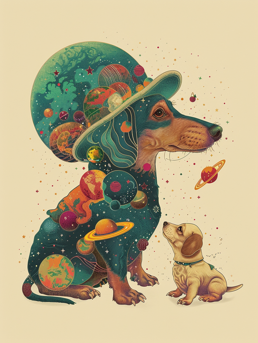 Colorful space Dachshund dog with a hat Expressive surreal Poster # F024959