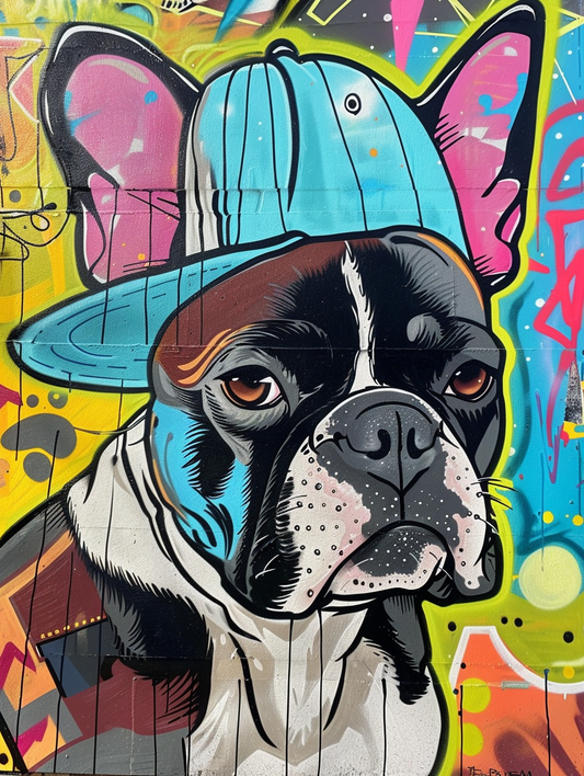 Colorful space Boston Terrier dog with a hat Expressive surreal Poster # F024610
