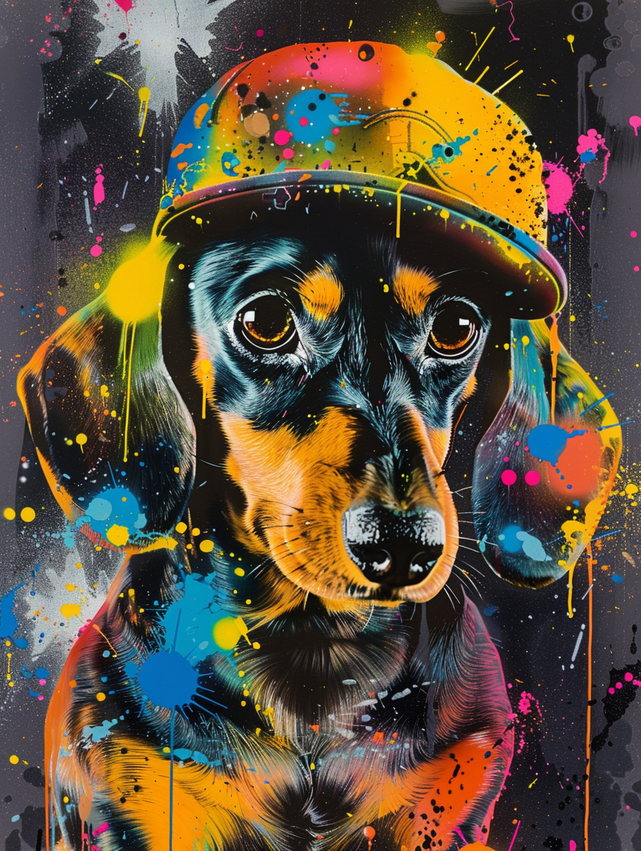 Colorful space Dachshund dog with a hat Expressive surreal Poster # F025082