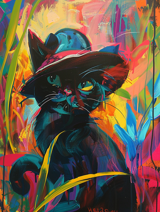 Colorful space Manx cat with a hat Expressive surreal Poster # F025285