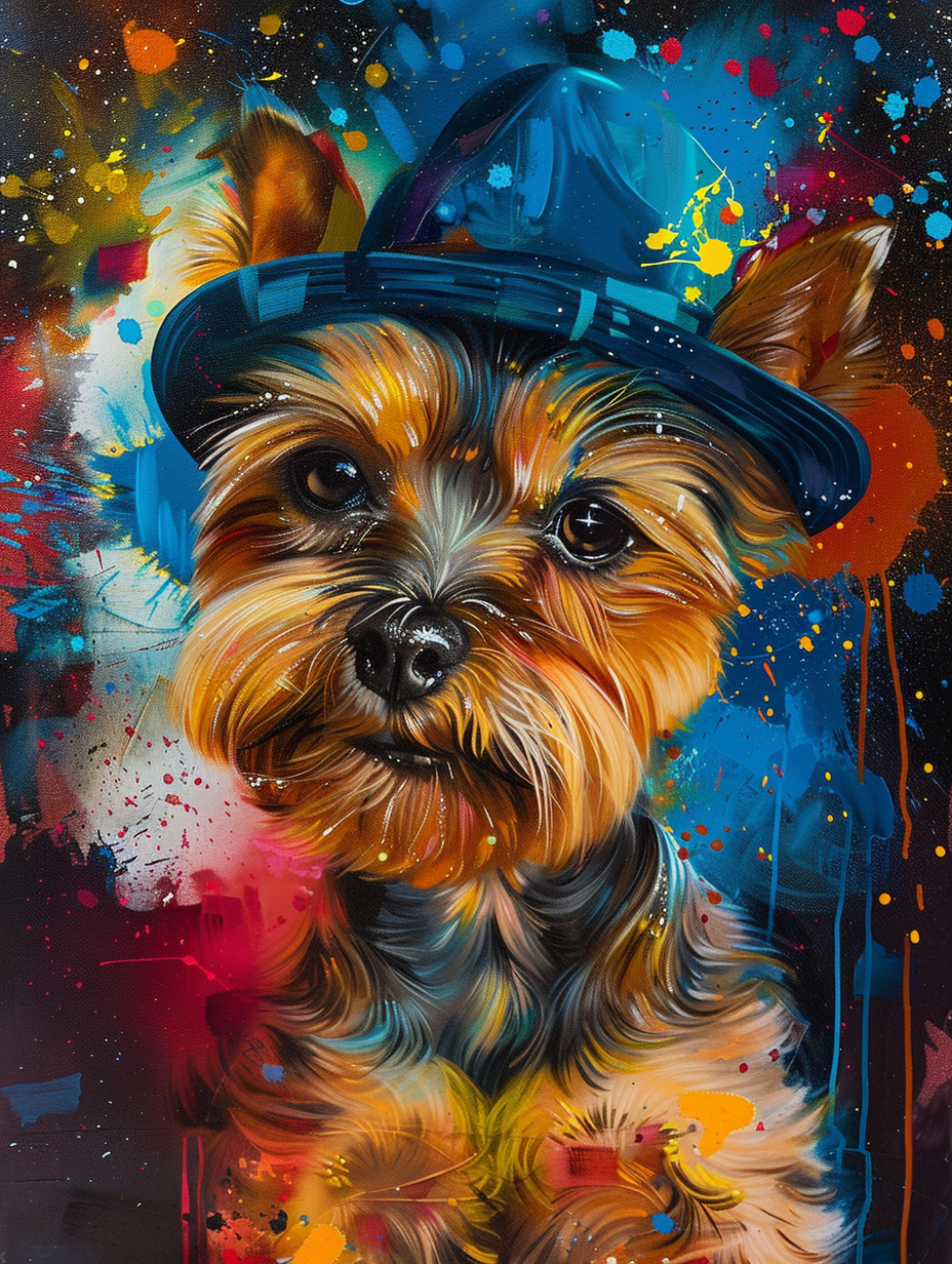colorful space Yorkshire Terrier dog with a hat Expressive surreal Poster # F024500