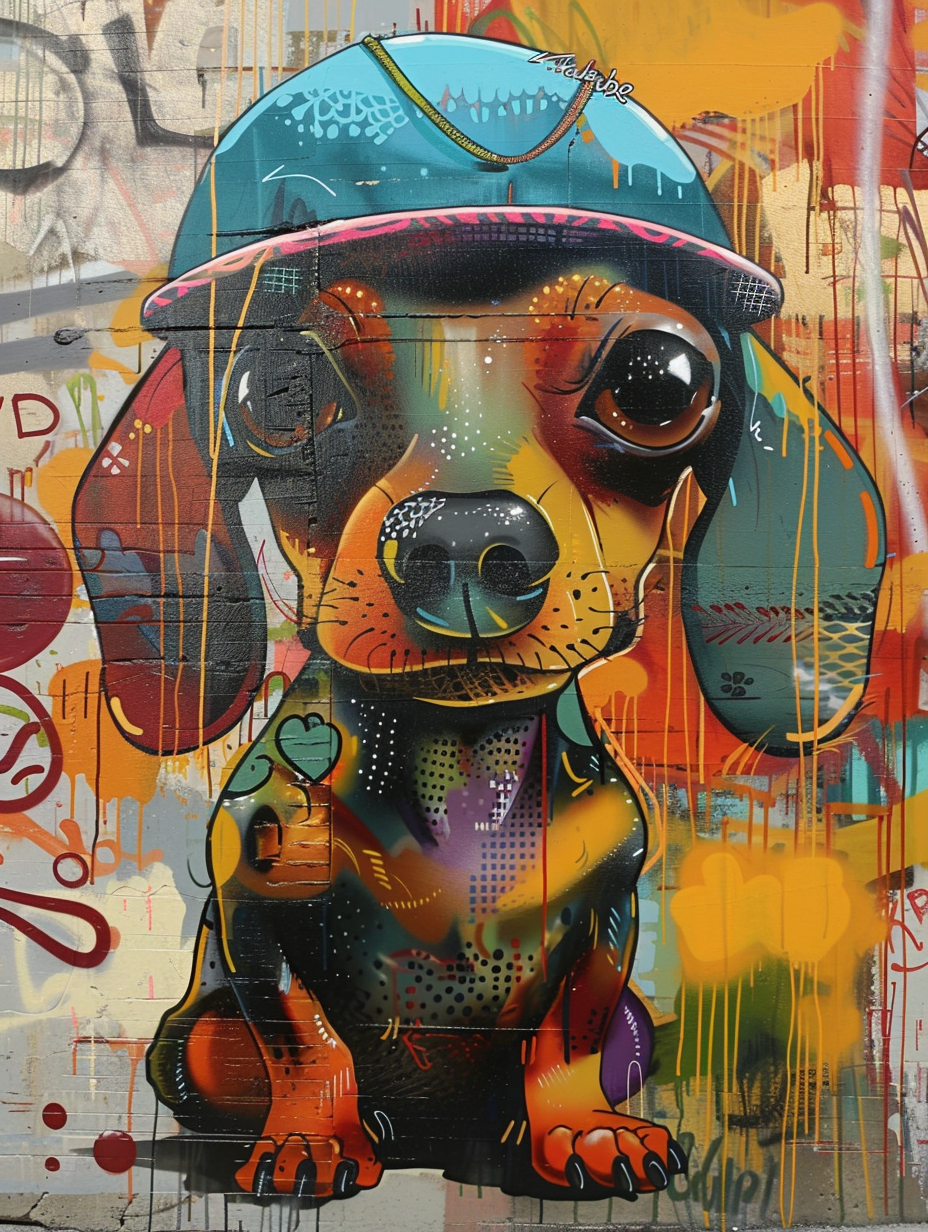 Colorful space Dachshund dog with a hat Expressive surreal Poster # F024908