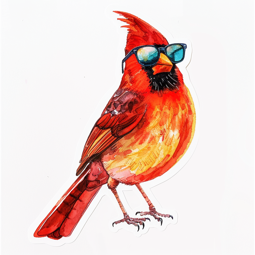 Cardinal Bird wearing sunglasses maje Expressive surreal Vinyl Decal Sticker for Car, Laptop, Tumbler and more # F024211