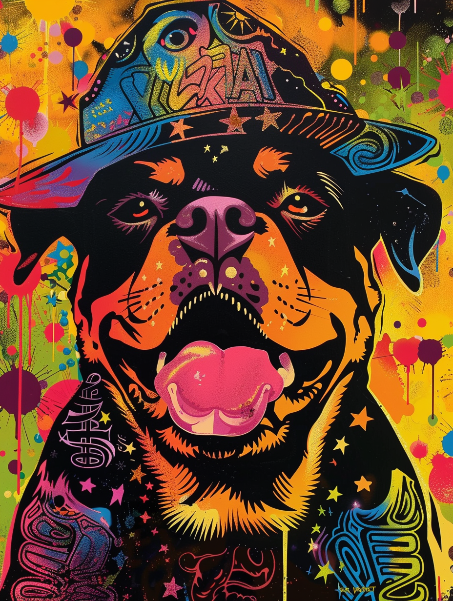 Colorful space Rottweiler dog with a hat Expressive surreal Poster # F024951