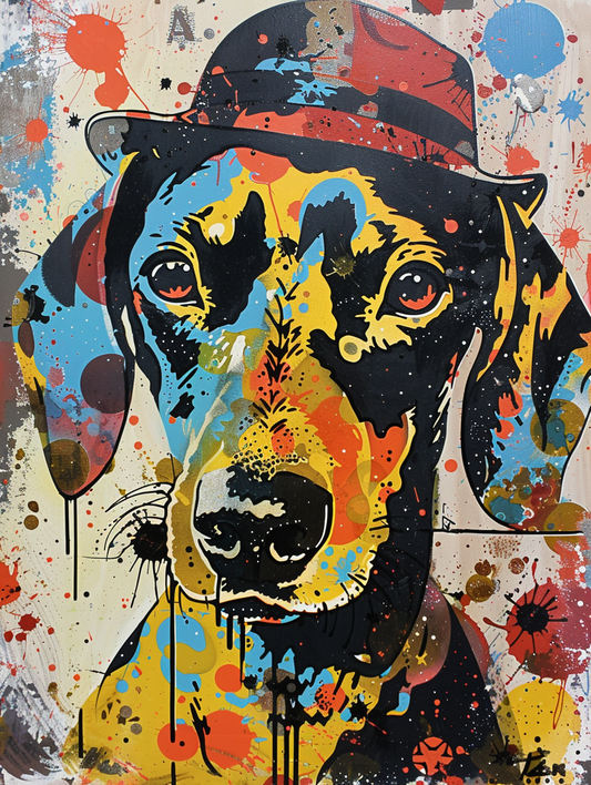 Colorful space Dachshund dog with a hat - Expressive surreal Poster # F025642