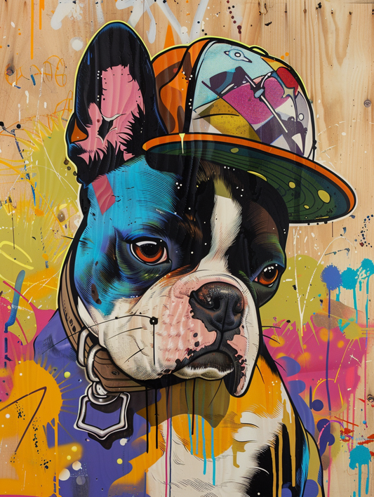Colorful space Boston Terrier dog with a hat Expressive surreal Poster # F024621