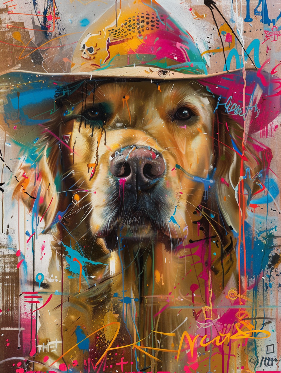 colorful space Golden Retriever dog with a hat Expressive surreal Poster # F025041