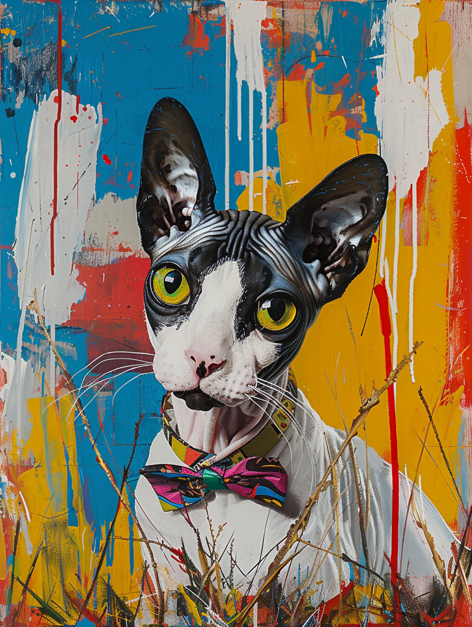 Colorful space Cornish Rex cat with a bow tie Expressive surreal Poster # F024373