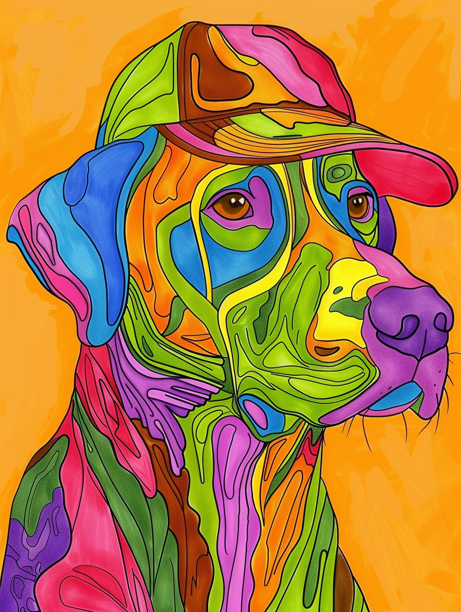 colorful space Labrador Retriever dog with a hat Expressive surreal Poster # F025040