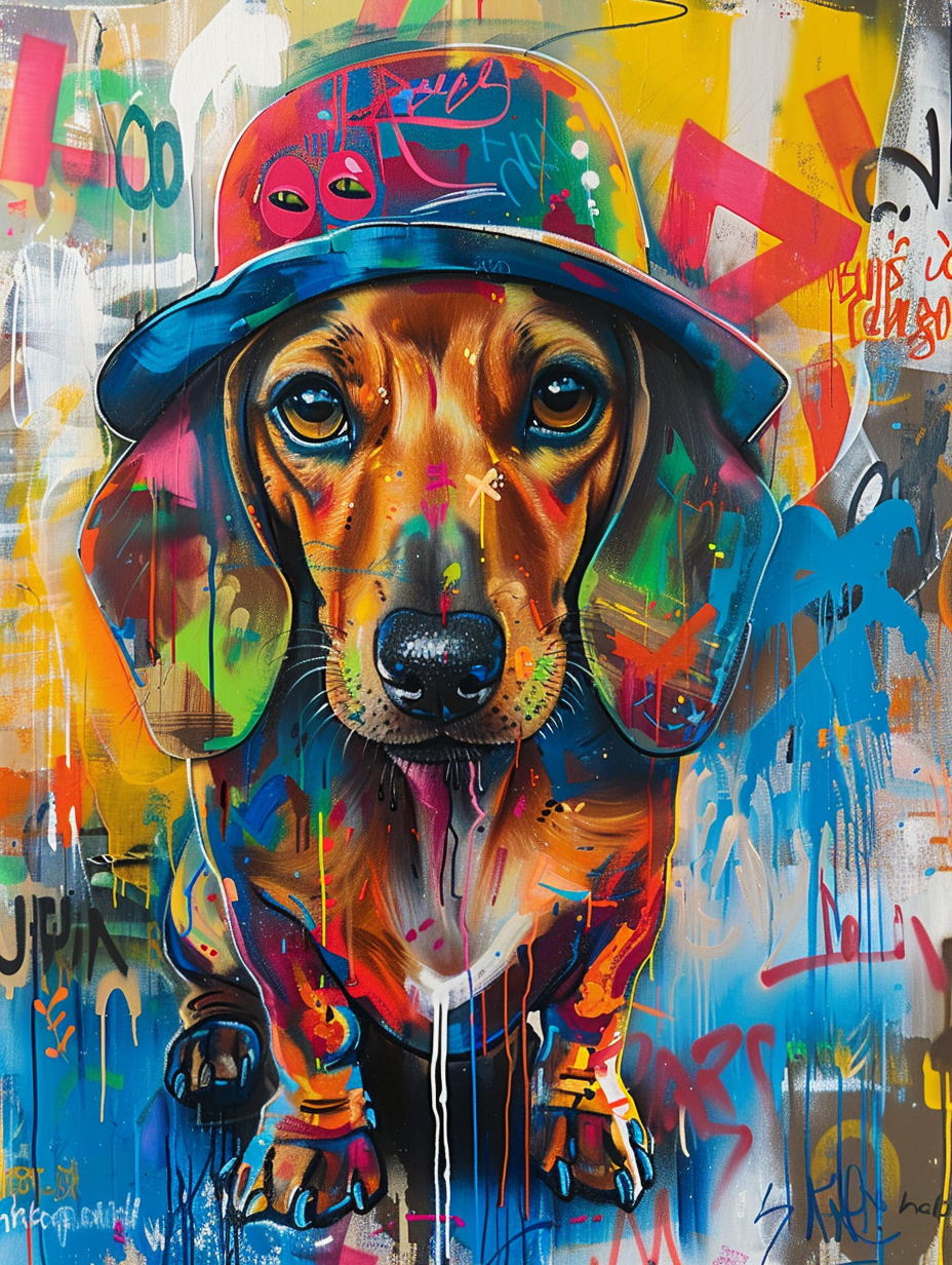 Colorful space Dachshund dog with a hat - Expressive surreal Poster # F025631