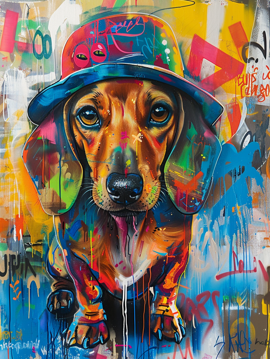 Colorful space Dachshund dog with a hat - Expressive surreal Poster # F025631