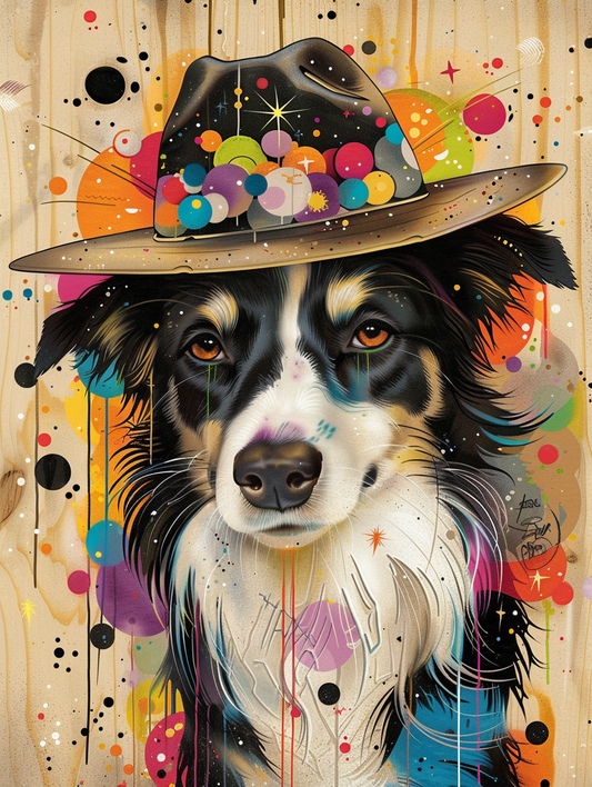 Colorful space Border Collie dog with a hat Expressive surreal Poster # F025002