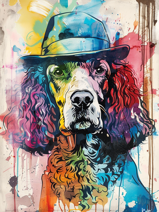 Colorful space Poodle dog with a hat Expressive surreal Poster # F024929