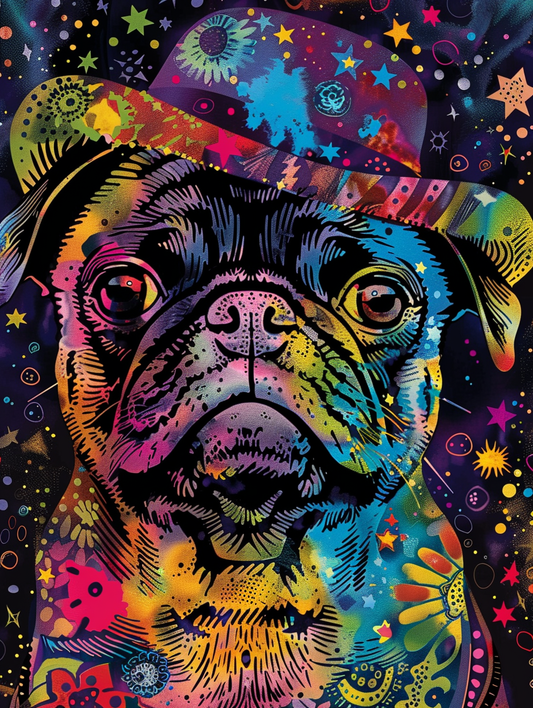 Colorful space Pug dog with a hat Expressive surreal Poster # F025123