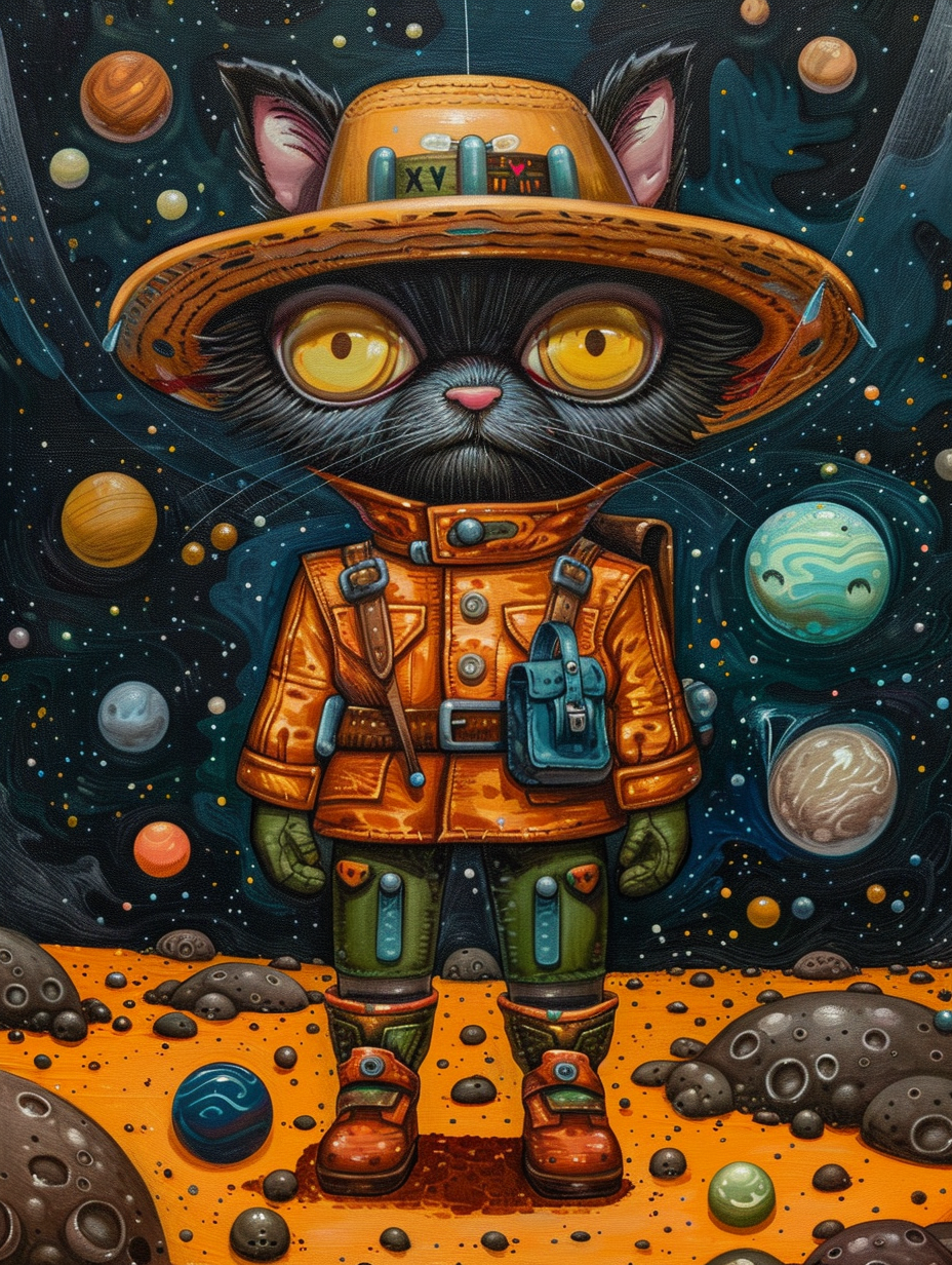 Colorful space Persian cat with a hat Expressive surreal Poster # F024597