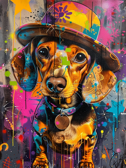 Colorful space Dachshund dog with a hat - Expressive surreal Poster # F025635