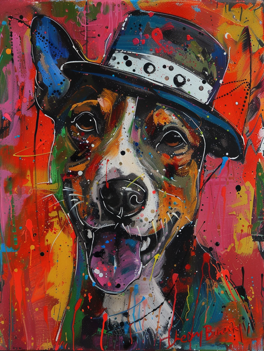 Colorful space Border Collie dog with a hat Expressive surreal Poster # F024571