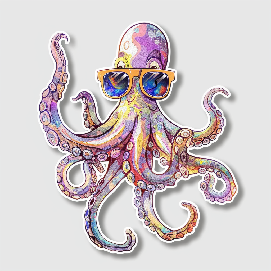 Sticker of a Octopus wearing sunglasses majestic Expressive surreal Vinyl Decal Sticker for Car, Laptop, Tumbler and more # F015411