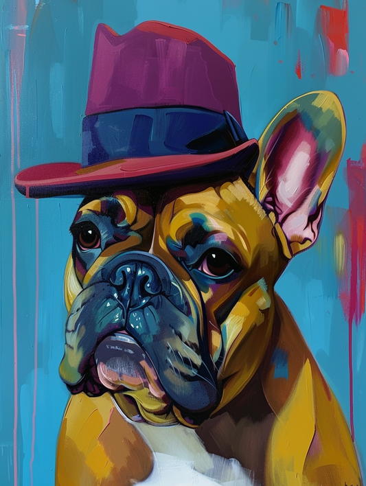 Colorful space French Bulldog dog with a hat Expressive surreal Poster # F025558