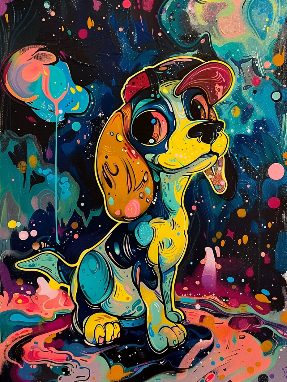 Colorful space Beagle dog with a hat Expressive surreal Poster # F025090