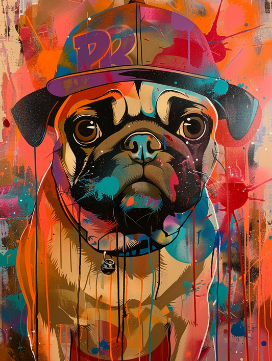 Colorful space Pug dog with a hat Expressive surreal Poster # F024432