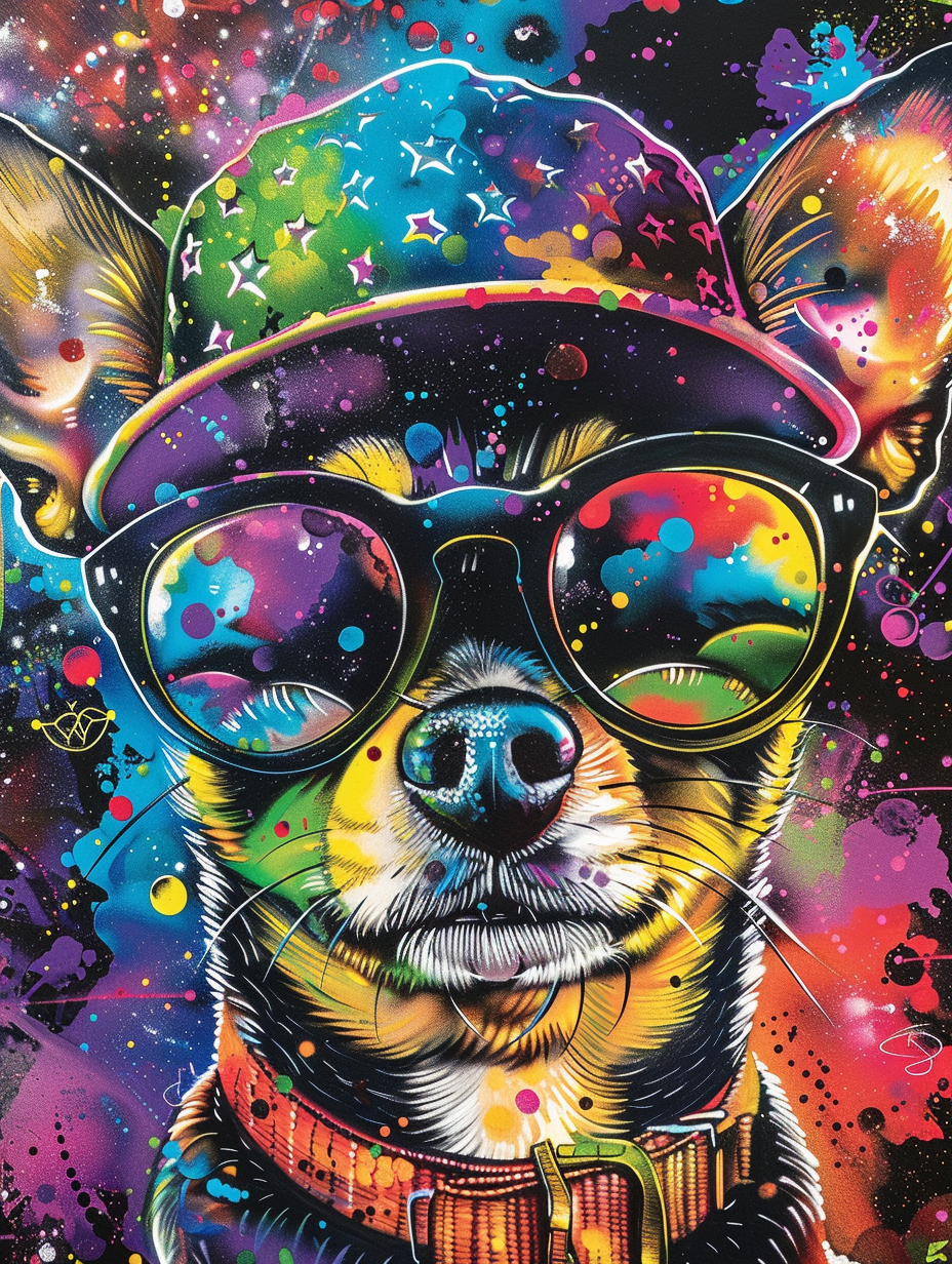 Colorful space Chihuahua dog with a hat by Hebru B Expressive surreal Poster # F024585